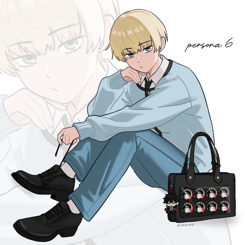 女神异闻录、女神异闻录5、persona 6 1名男孩 包 黑鞋 金发 蓝色裤子