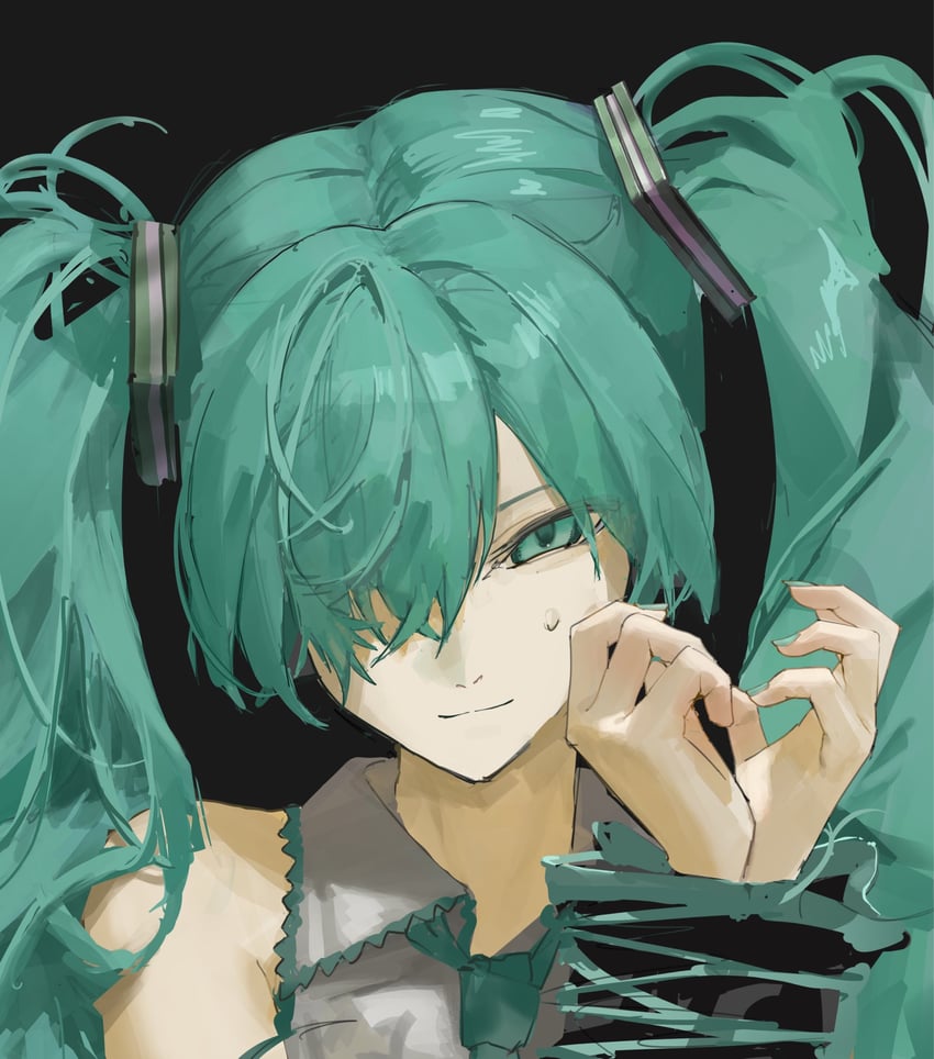 VOCALOID、初音未来 1名女孩 水色瞳 水色发 水蓝色领带 露肩