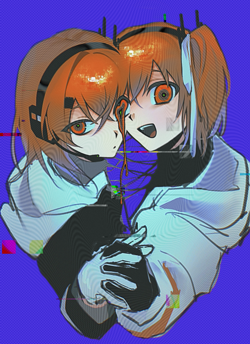 AI语音、UTAU、足立怜 2名女孩 黑衬衫 蓝色背景 脸贴脸 闭嘴