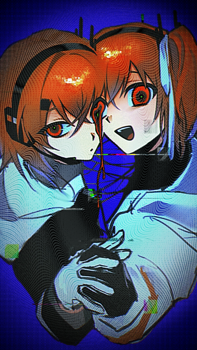 AI语音、UTAU、足立怜 2名女孩 黑衬衫 蓝色背景 脸贴脸 闭嘴