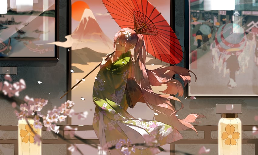VOCALOID、初音未来、樱花未来 1名女孩 建筑 树枝 樱花 闭眼