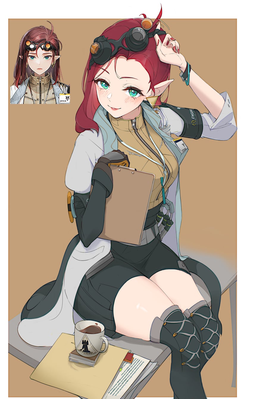 明日方舟、明日方舟：终末地、qin jiangchi (arknights) 1名女孩 黑色靴子 黑色短裤 黑色袖子 脸红