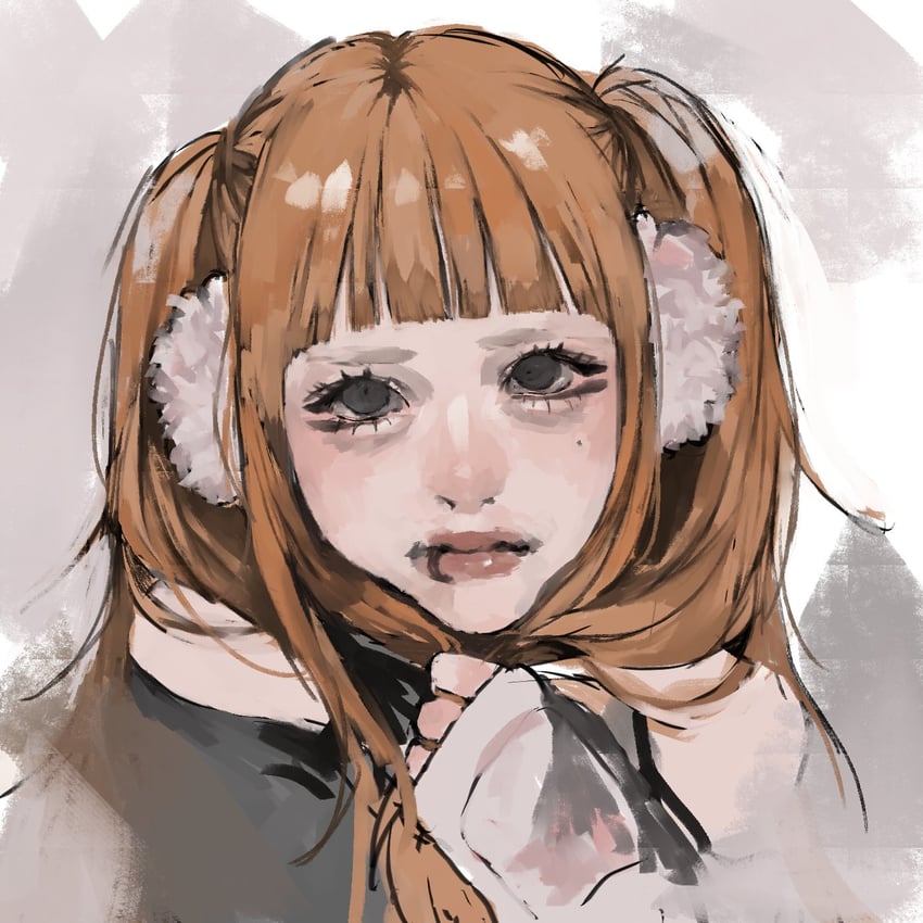 原创 1名女孩 黑瞳 耳罩 面部穿孔 抓着自己的头发