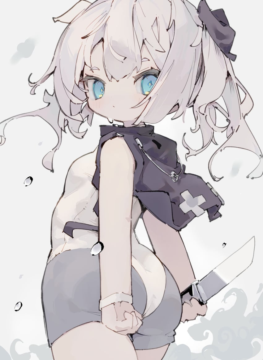 原创 1名女孩 屁股 黑色小披肩 黑色丝带 蓝眼