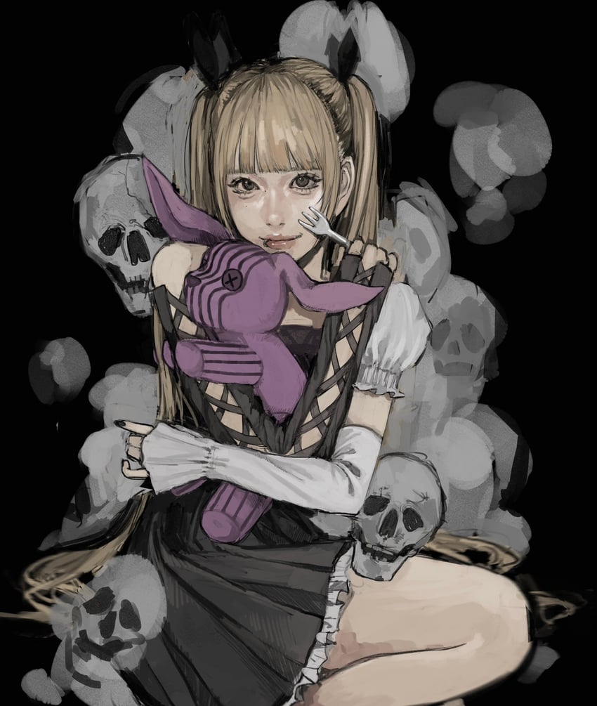 原创 1名女孩 卧蚕 黑色背景 黑色连衣裙 黑瞳