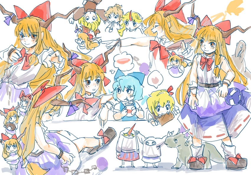 东方Project、琪露诺、星熊勇仪 4个女孩 金发 蓝眼 蓝发 蝴蝶结