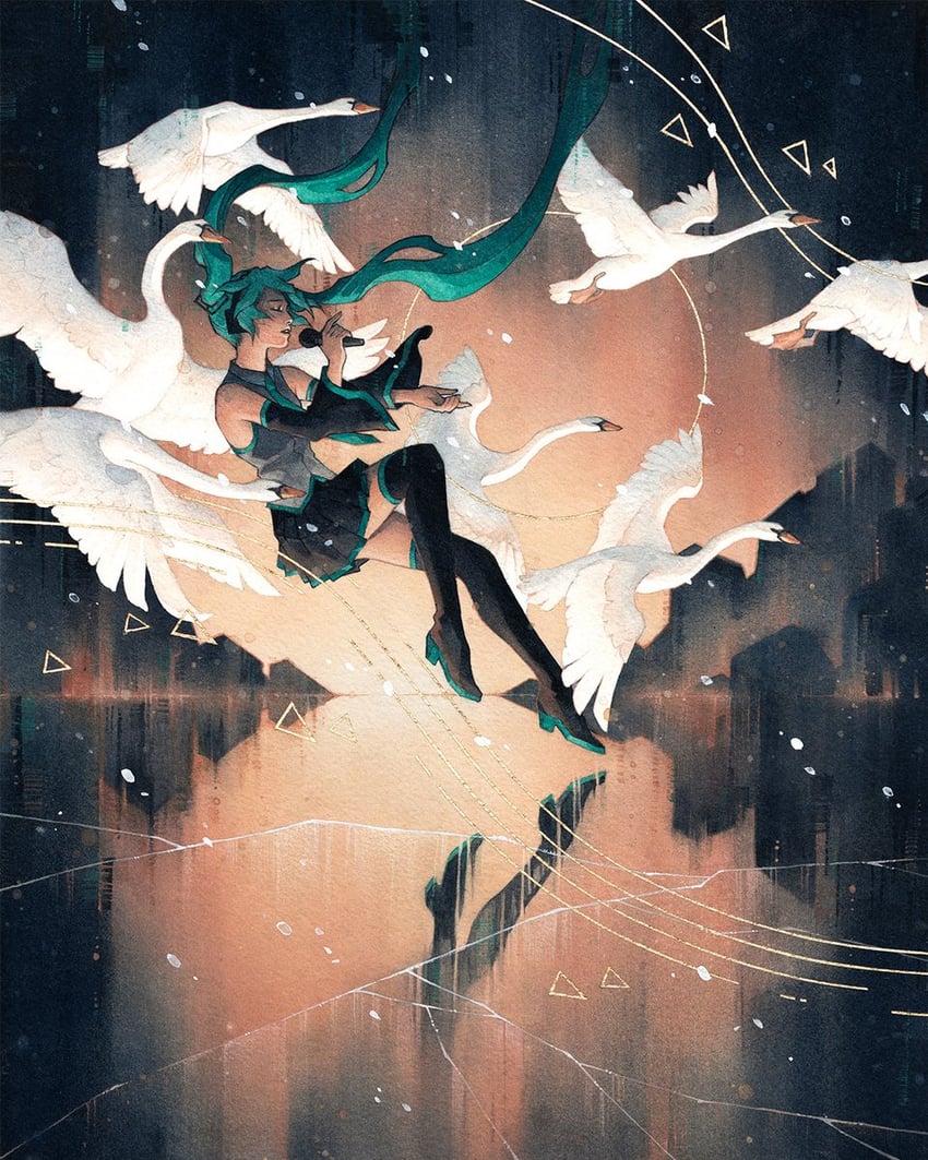 VOCALOID、初音未来 1名女孩 水色发 水蓝色领带 鸟 黑色袖子