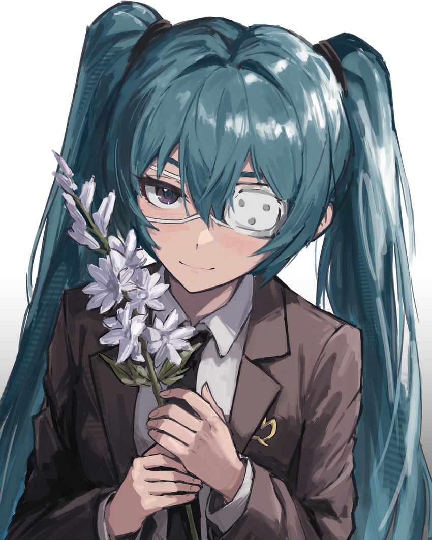 监控 (Vocaloid)、VOCALOID、初音未来 1名女孩 水色发 黑色领带 棕色夹克 眼罩