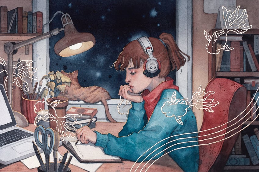 Lofi Girl、Lofi Girl 1名女孩 蓝色夹克 书 书架 棕发