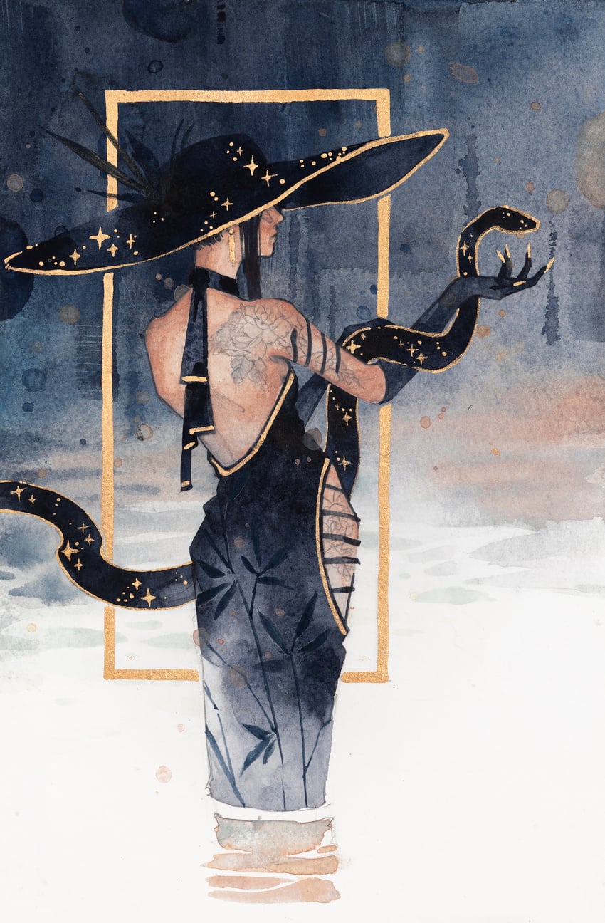 原创 1名女孩 黑色连衣裙 黑色手套 黑帽子 服装镂空