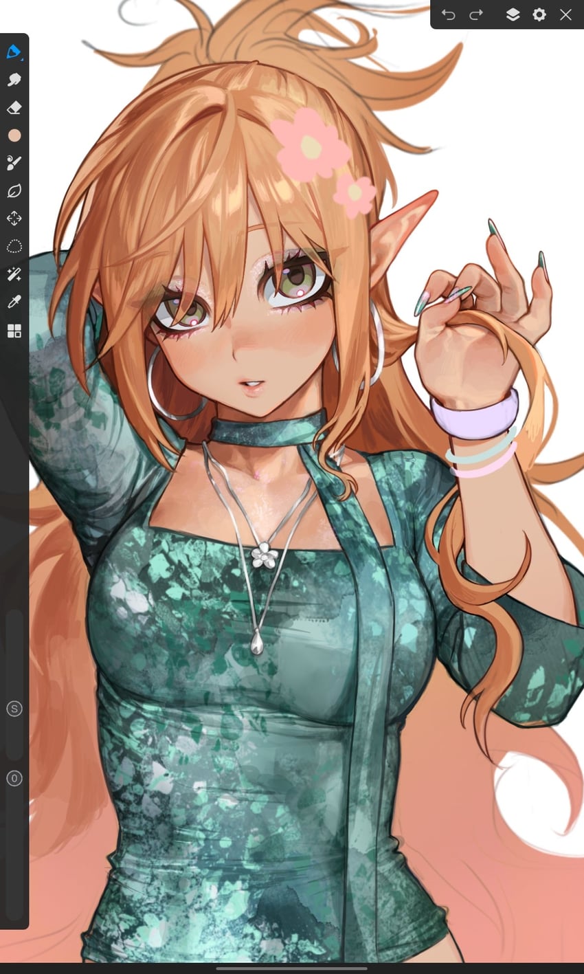 原创 1名女孩 手放在头后 举手 画框中的绘图软件 脸红