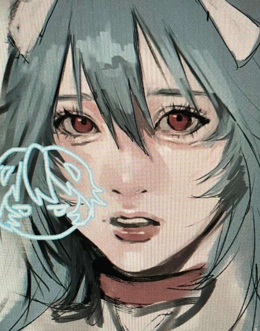 二次元插画 1名女孩 卧蚕 水色发 长发 张嘴