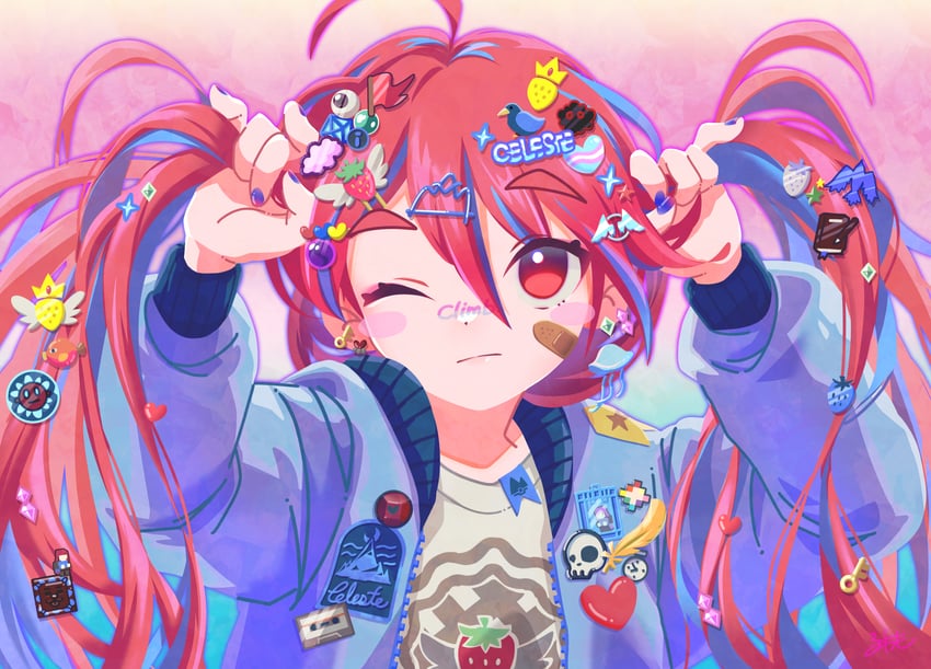 蔚蓝、玛德琳 (蔚蓝) 1名女孩 难过 呆毛 举起双手 创可贴