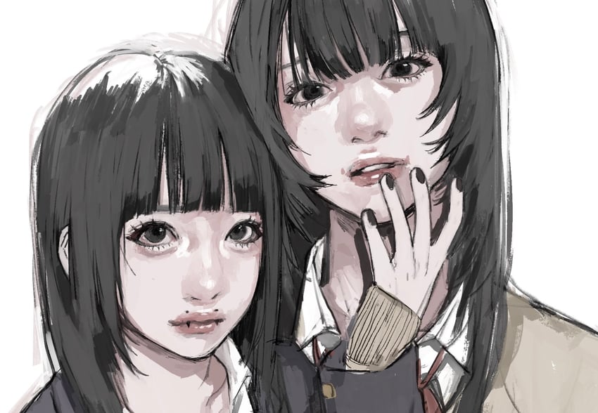 原创 2名女孩 黑瞳 黑发 黑色夹克 黑色指甲