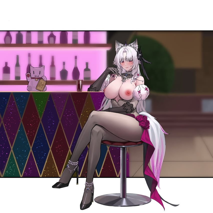 尘白禁区、longyan (snowbreak) 1名女孩 兽耳 脚链 酒吧 吧台凳