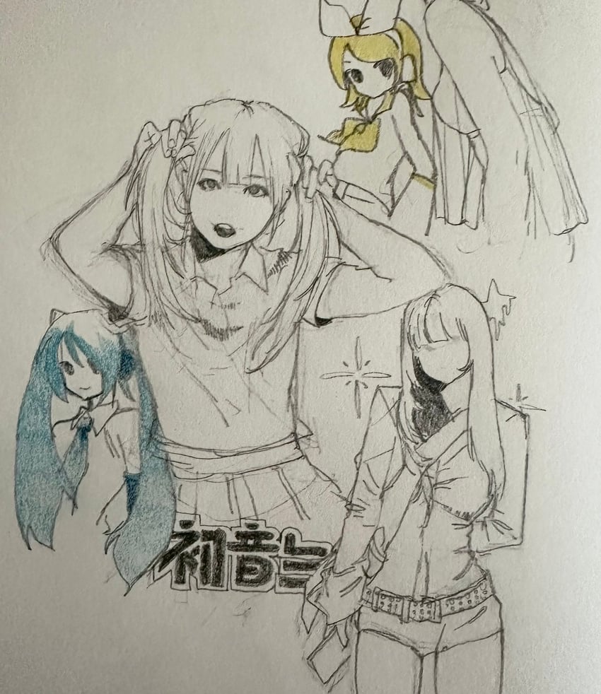 原创、VOCALOID、初音未来 5名女孩 举手 金发 蓝发 露肩袖