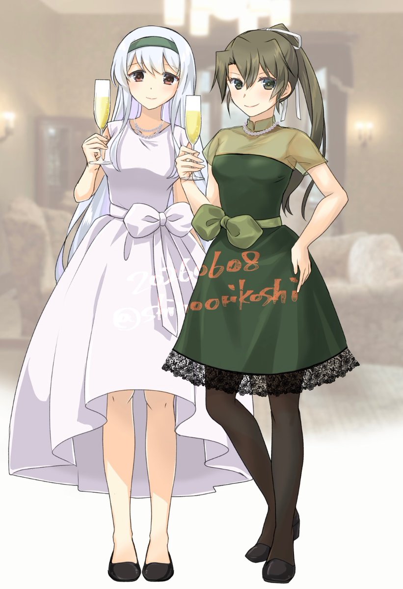 舰队Collection、翔鹤 (周年庆) (舰队收藏)、翔鹤 (舰队Collection) 2名女孩 替换服装 黑色连裤袜 棕眼睛 香槟杯
