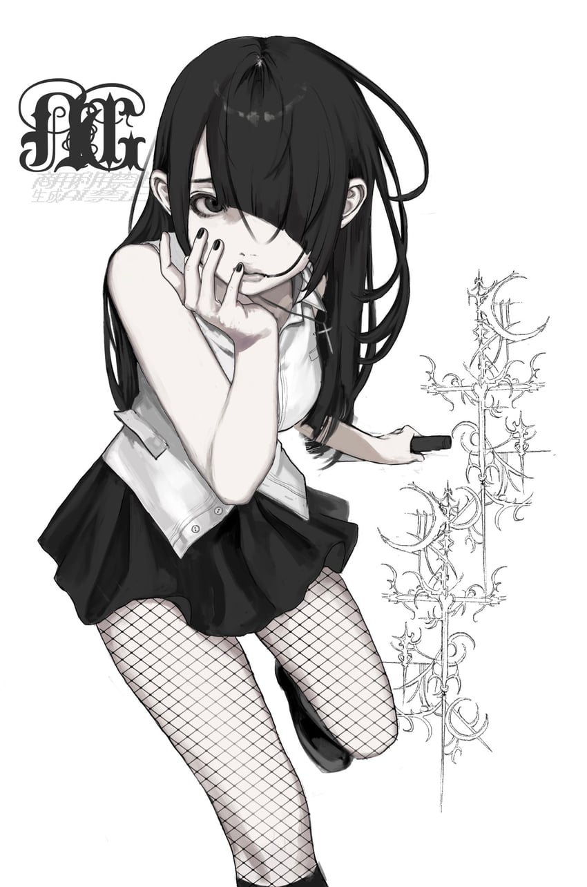 原创 1名女孩 黑色靴子 黑瞳 黑色指甲 黑色裙子
