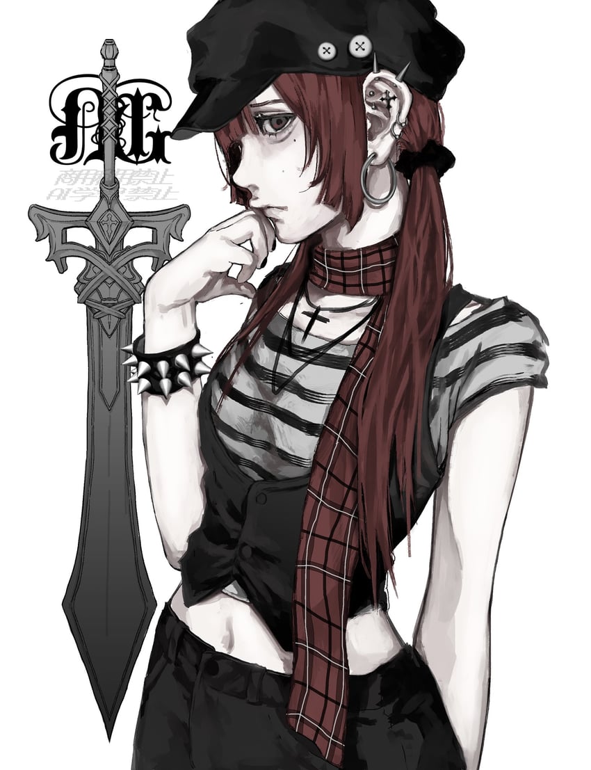 原创 1名女孩 卧蚕 黑帽子 黑色指甲 黑裤子