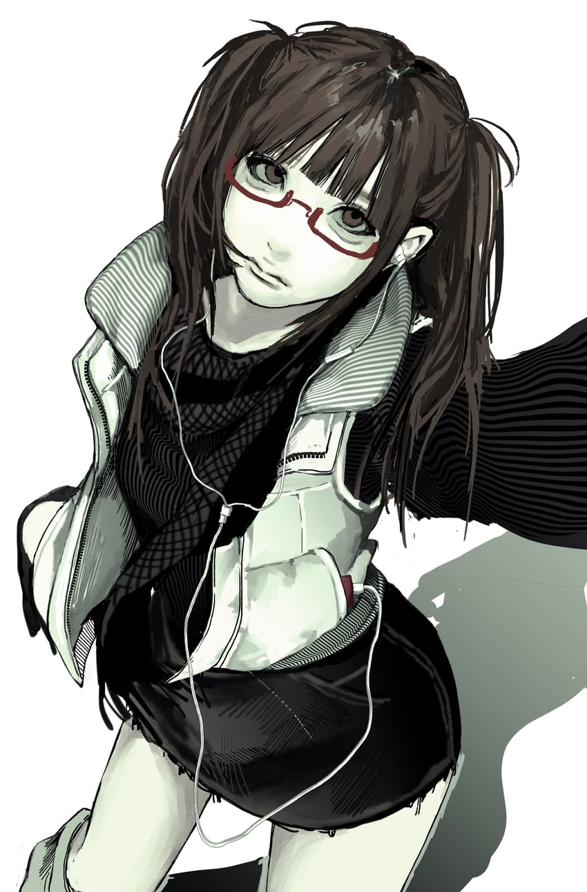 原创 1名女孩 黑衬衫 黑色裙子 棕眼睛 棕发