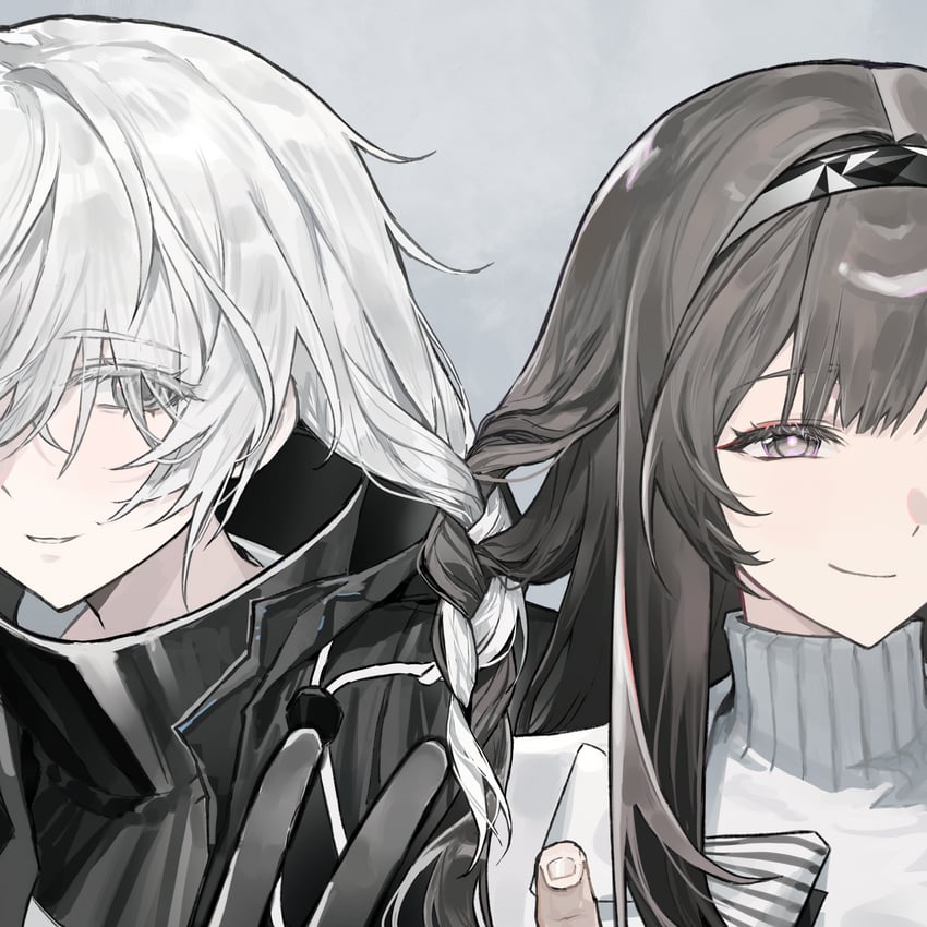 明日方舟、博士 (动漫) (明日方舟)、博士 (明日方舟) 1名女孩 1个其他角色 黑发 黑色发带 闭嘴