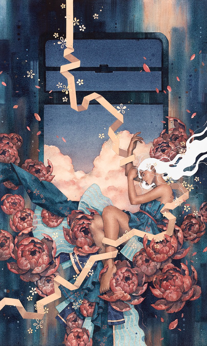 原创 1名女孩 露肩 赤脚 闭眼 花