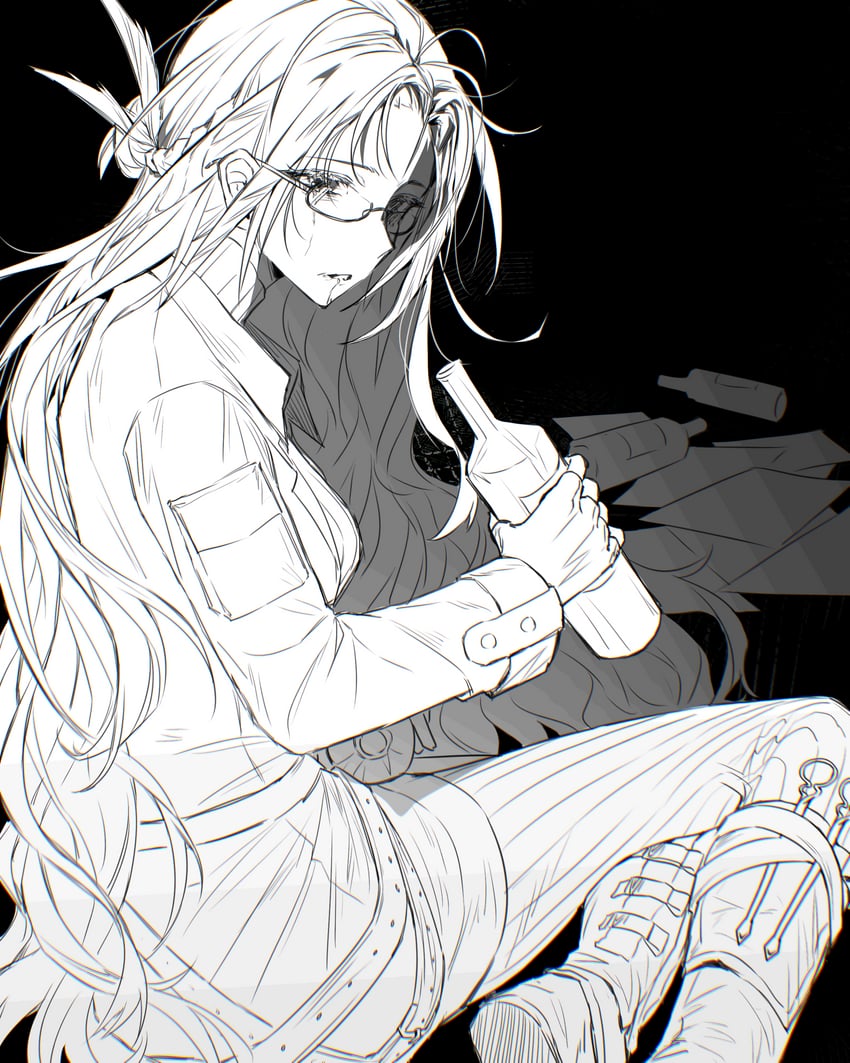 明日方舟、雪之少女 (明日方舟) 1名女孩 黑色背景 靴子 瓶子 外套