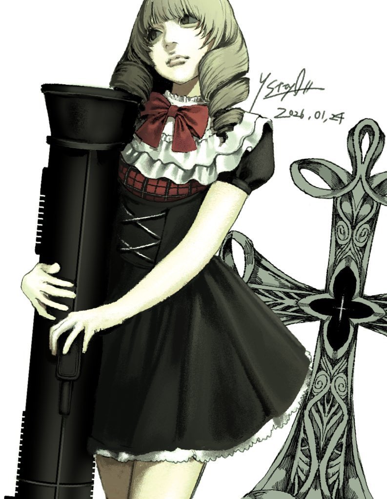 二次元插画 1名女孩 卧蚕 黑色连衣裙 蝴蝶结 蝶形领结