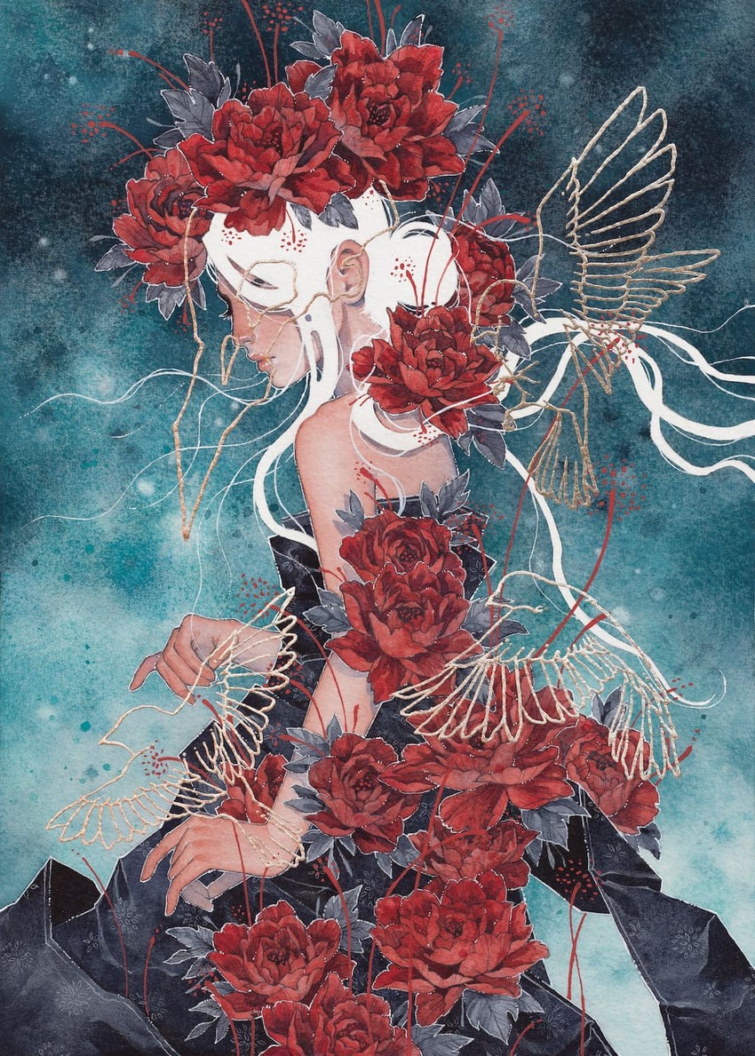 原创 1名女孩 鸟 花 发花 发饰