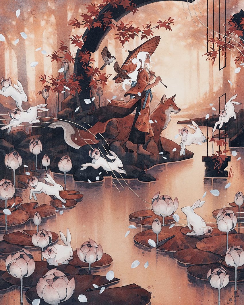 原创 1名女孩 鸟 花 狐狸 手持