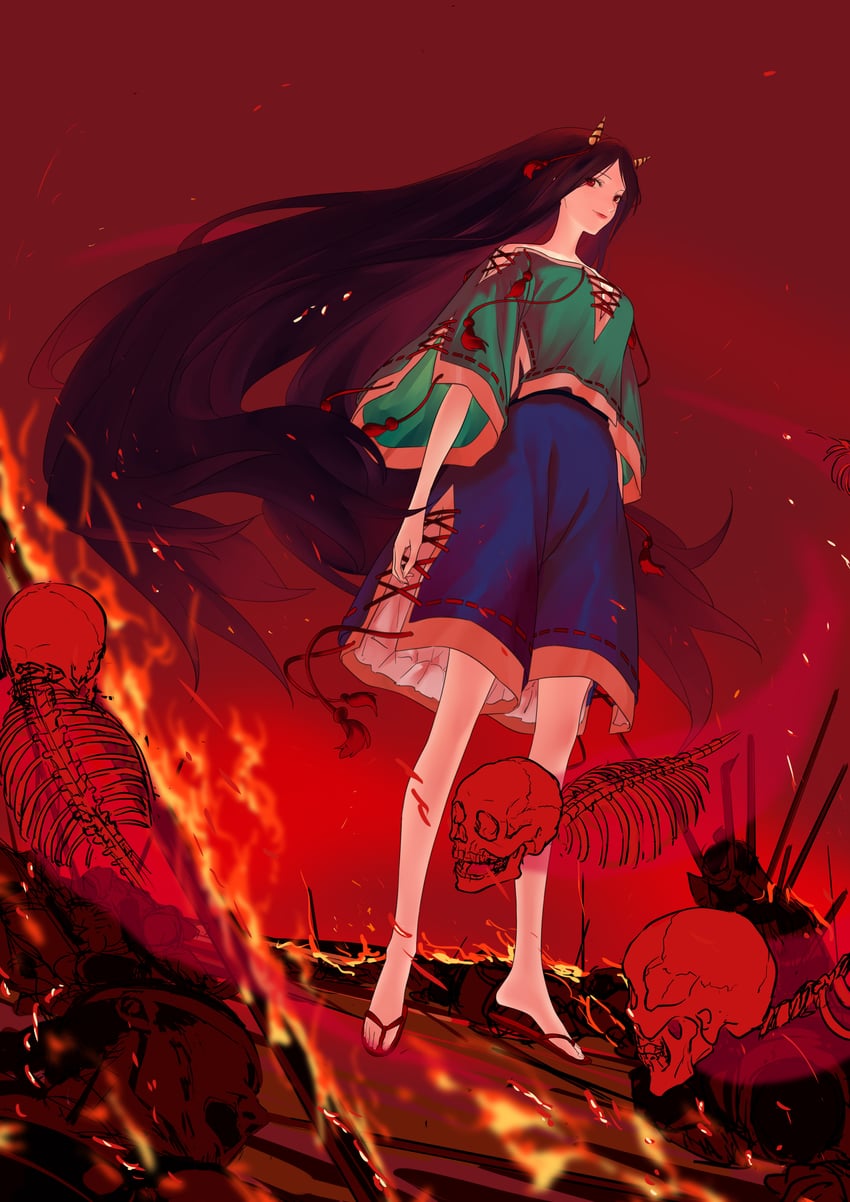 日白残梦 蓝色短裤 全身 绿衬衫 地狱 角