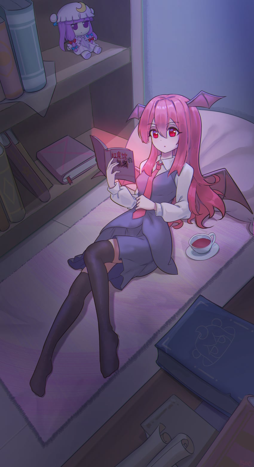 东方Project、小恶魔、帕秋莉·诺蕾姬 1名女孩 黑色裙子 黑色马甲 书 角色人偶