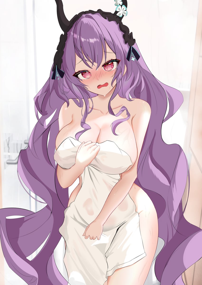 明日方舟、提丰 (明日方舟) 1名女孩 @_@ 浴室 黑色发带 乳房