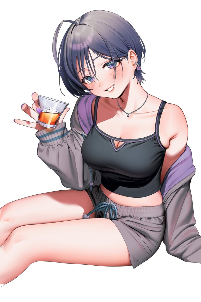 彩虹社、希沙良 (家居服) (彩虹社)、绮沙罗 (彩虹社) 1名女孩 呆毛 酒 发型长度变动 (更短) 水色瞳