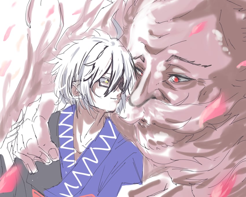 东方Project、森近霖之助、云居 2个男孩 呆毛 蓝色和服 眼神交流 胡须
