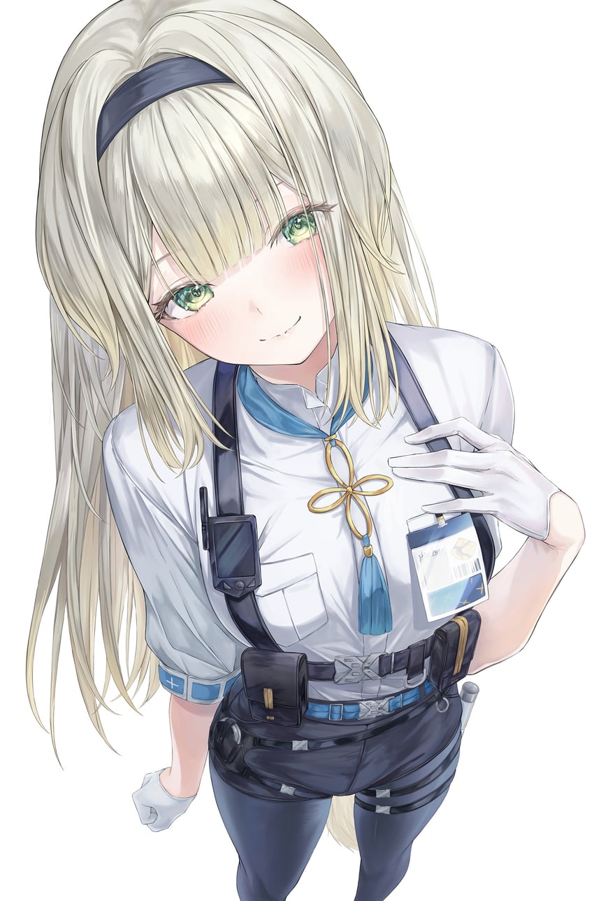 彩虹社、汐端瑠璃、栞叶琉璃 (第一套服装) 1名女孩 兽耳 黑色发带 金发 脸红