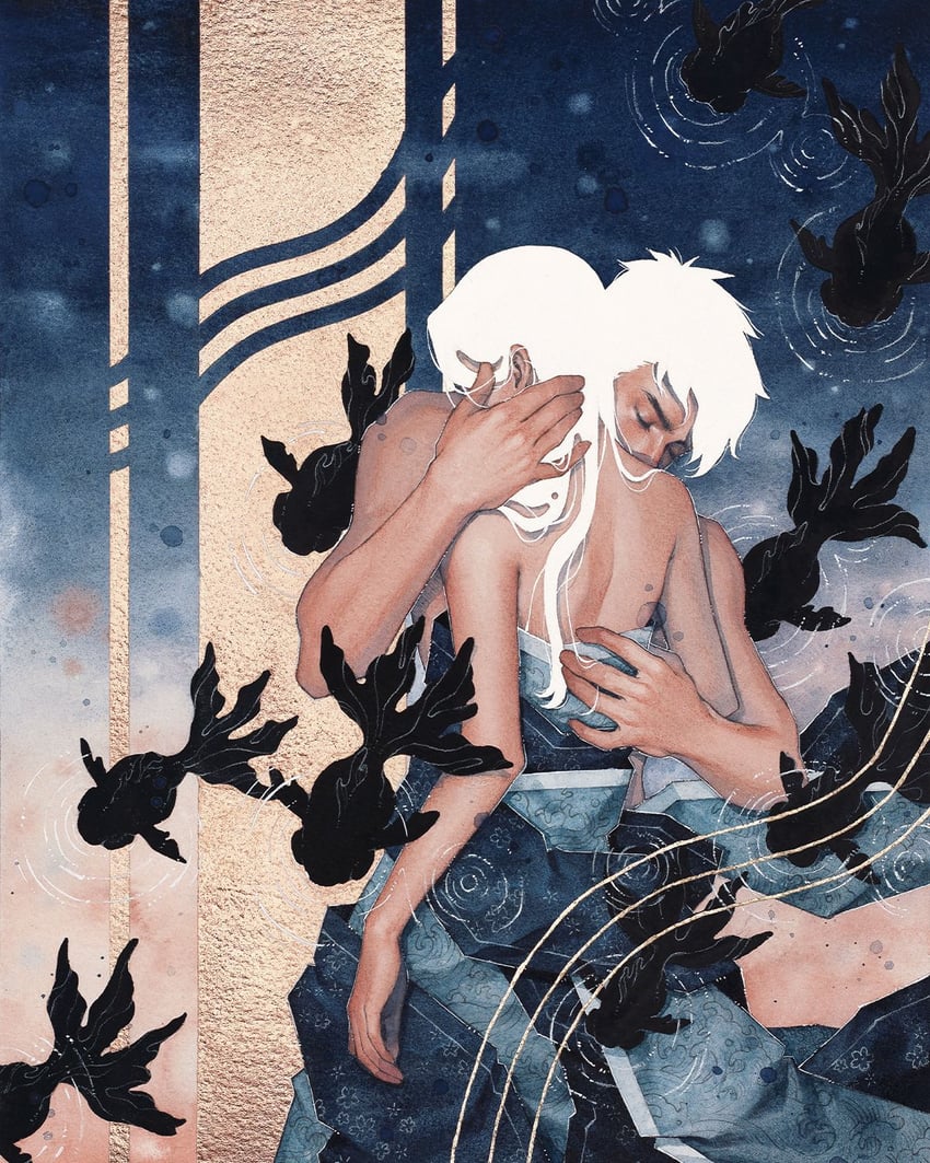 原创 1名男孩 1名女孩 露肩 闭眼 鱼