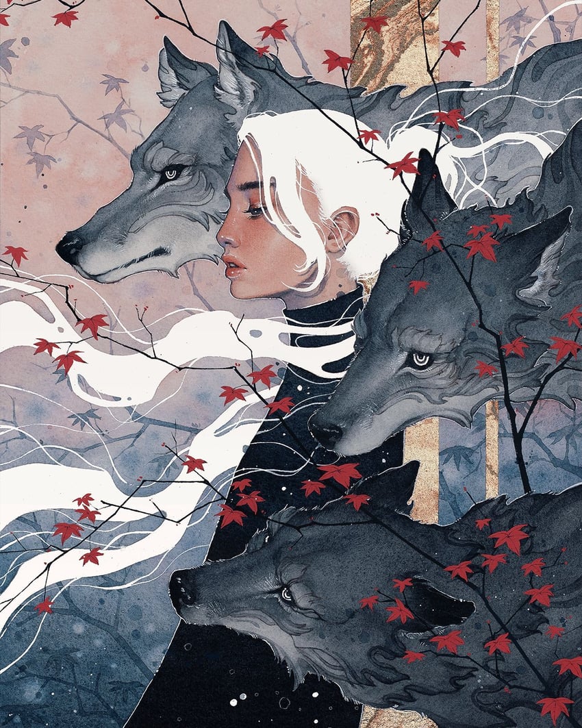 原创 1名女孩 黑色夹克 黑衬衫 侧视 灰色毛发