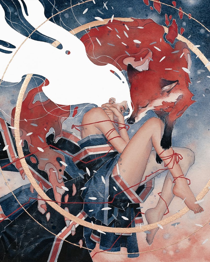 原创 1名女孩 露肩 赤脚 闭眼 狐狸