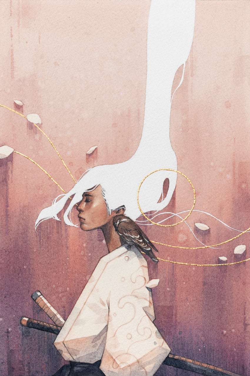 原创 1名女孩 肩上的动物 鸟 肩上的鸟 棕色鸟