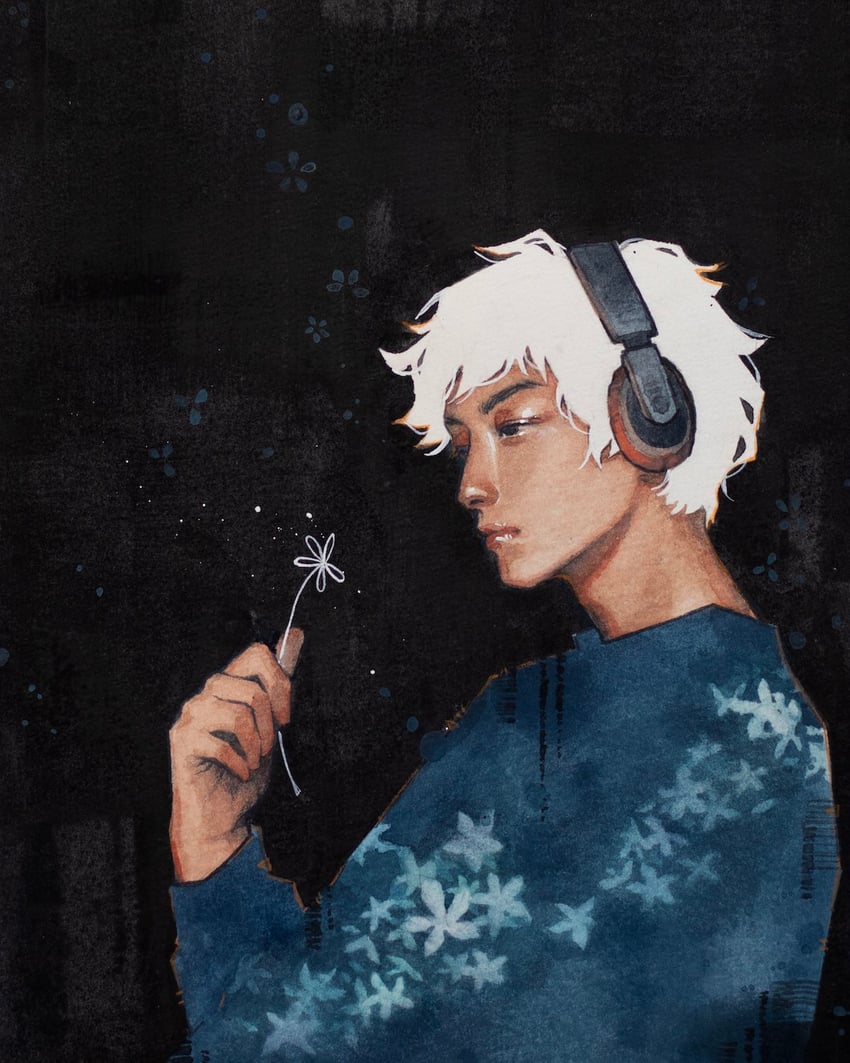 原创 1名男孩 蓝色衬衫 花 灰度 帽子