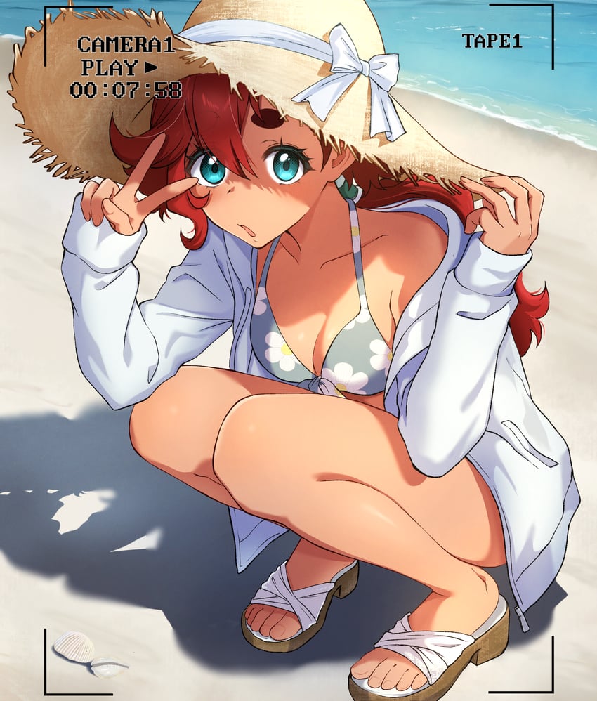 高达、机动战士敢达：水星的魔女、苏莱塔·墨丘利 1名女孩 蓬松圆发髻 海滩 比基尼 蓝眼