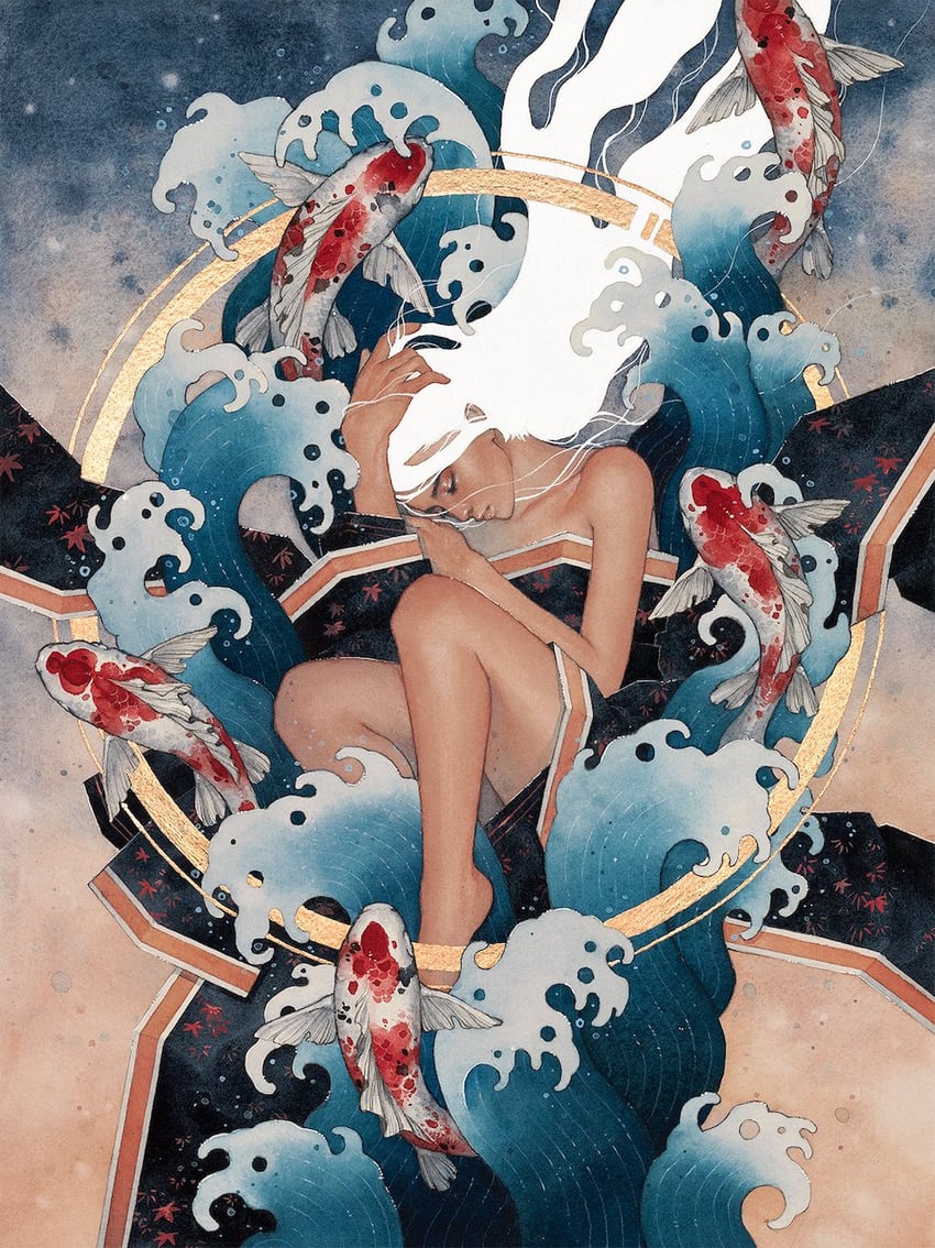原创 1名女孩 赤脚 闭眼 鱼 锦鲤