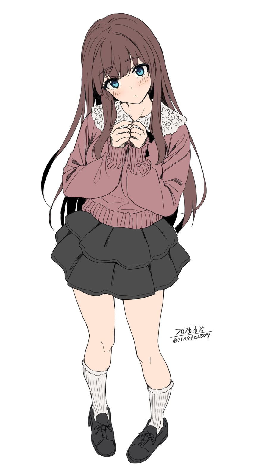 原创 1名女孩 黑鞋 黑色裙子 蓝眼 脸红