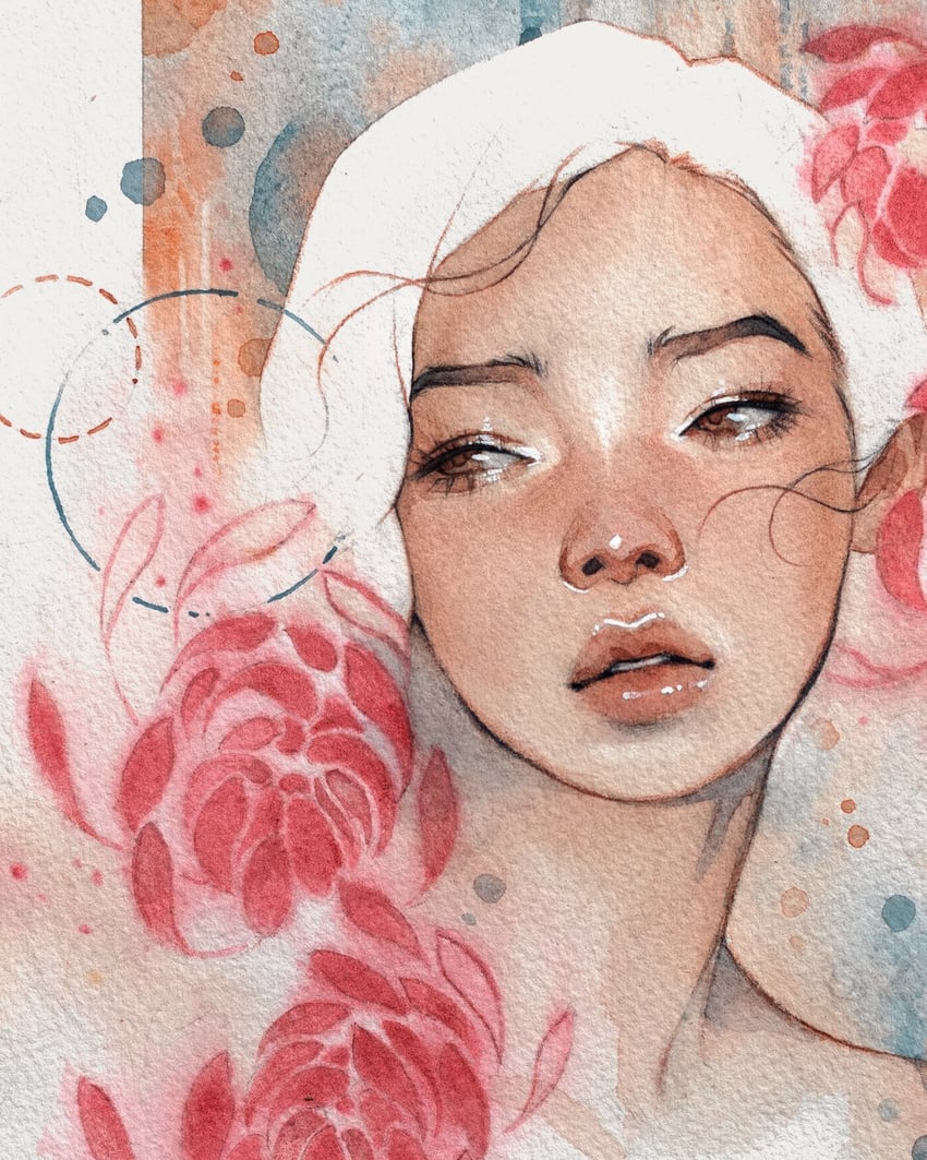 原创 1名女孩 棕眼睛 花 向侧面看 红花