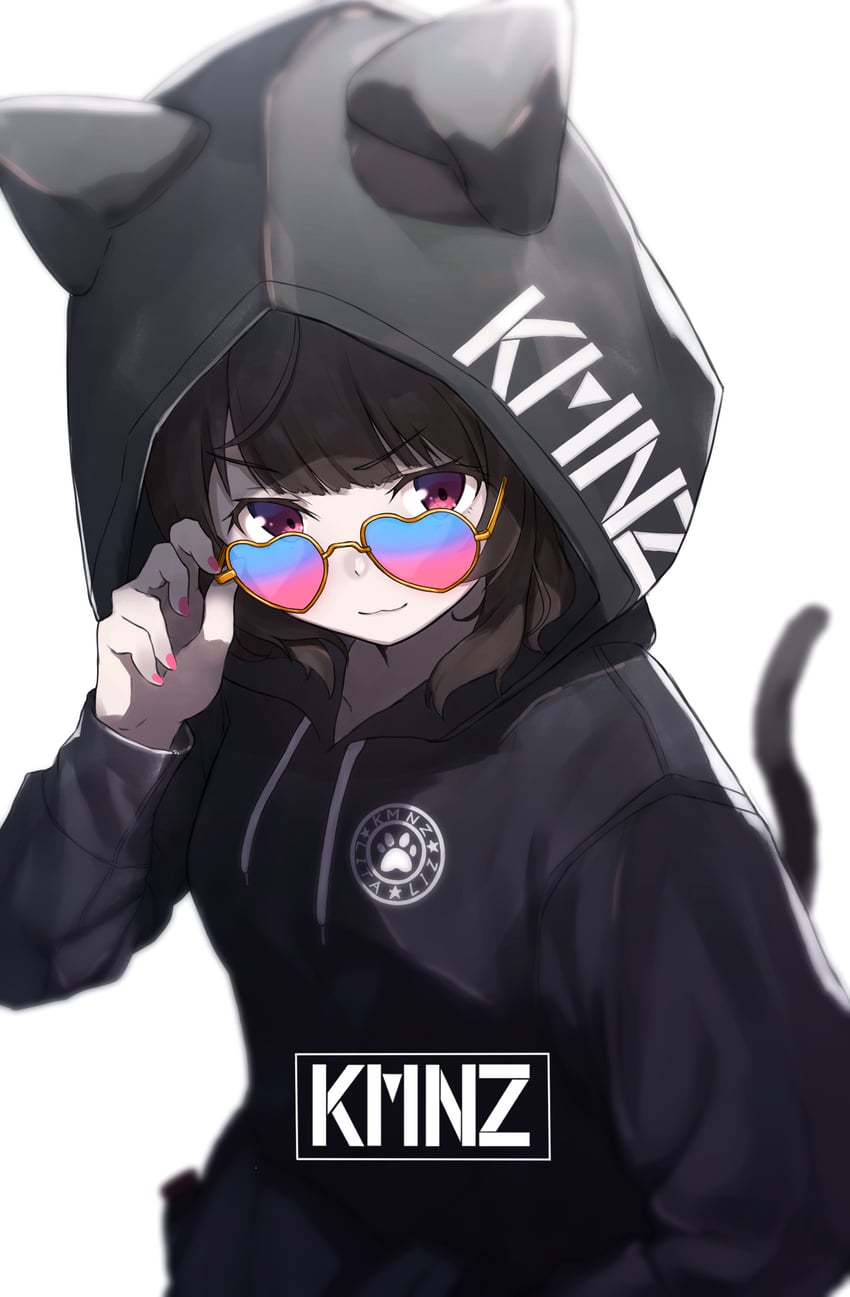 KMNZ、LIZ (KMNZ) 1名女孩 猫脸笑 兽耳 黑色卫衣 蓝色镜片眼镜