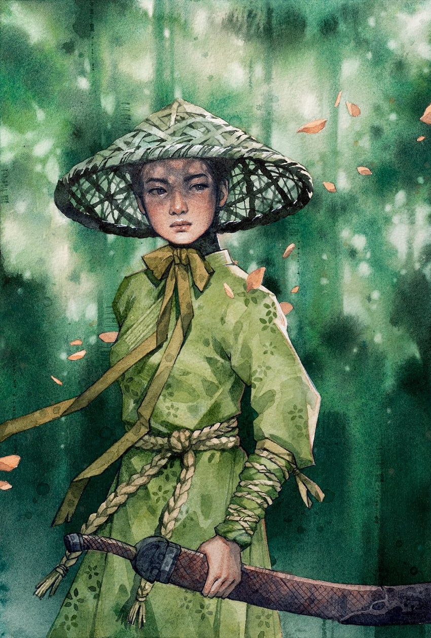 原创 1名女孩 连衣裙 落花 绿色连衣裙 帽子