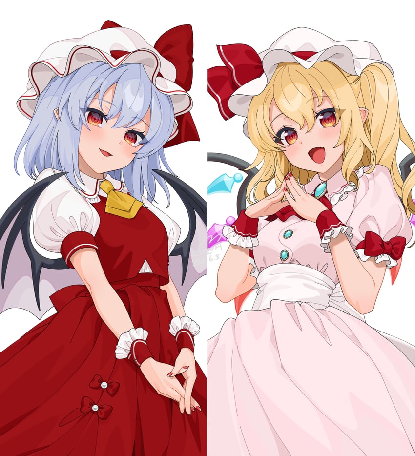 东方Project、芙兰朵露·斯卡蕾特、蕾米莉亚·斯卡蕾特 2名女孩 :D 阿斯科特领巾 蝙蝠翅膀 金发