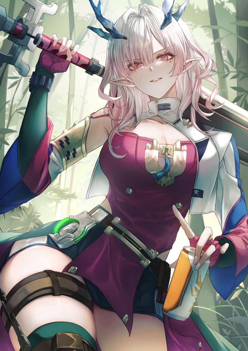 明日方舟、明日方舟：终末地、弥伏 (明日方舟) 1名女孩 黑色短裤 蓝角 乳房 罐子