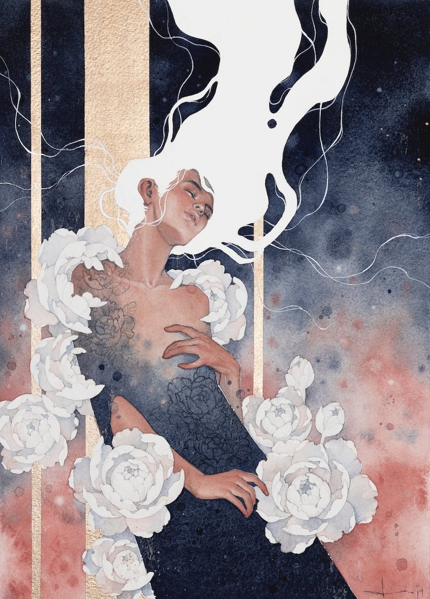 原创 1名女孩 闭眼 花 长发 单人
